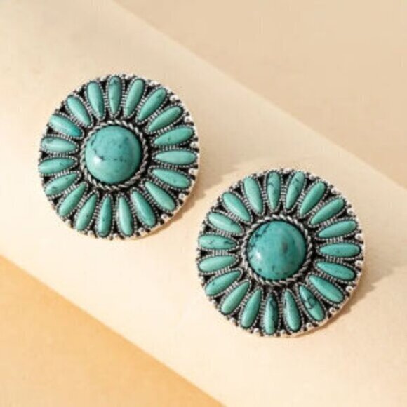 Turquoise Sunflower Silver Plated Stud Western Bohemian Earrings - Picture 1 of 2